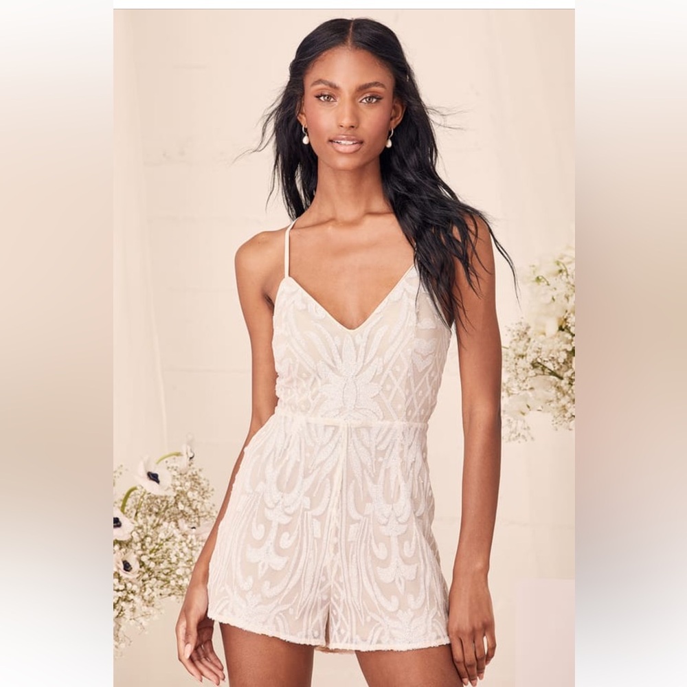 Lulus Catch A Spark White And Beige Sequin Romper Large